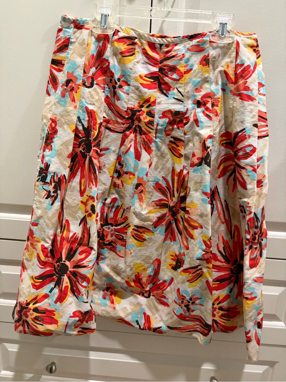New York & Company Floral A-Line Skirt in Red, Coral & Cream